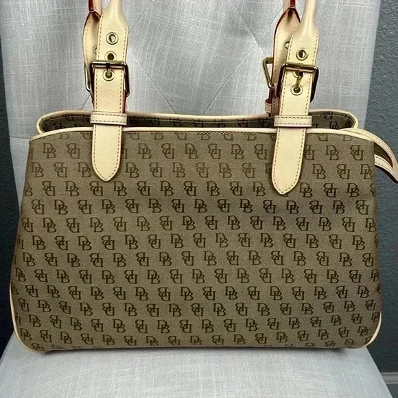 Vintage Dooney & Bourke Buckle Satchel Tote Bag Purse DB Signature Leather Trim - Picture 2 of 16